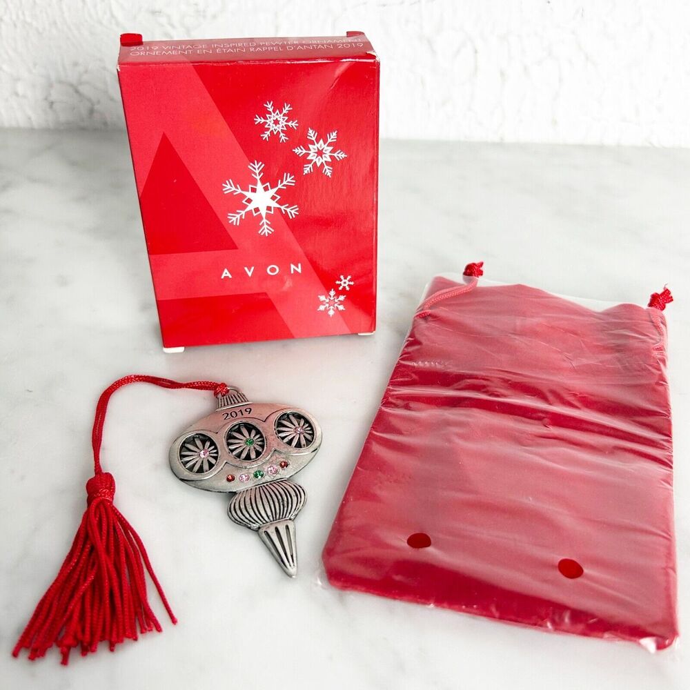 Avon 2019 Vintage Inspired Pewter Christmas Ornament Red Tassel Rhinestones Box